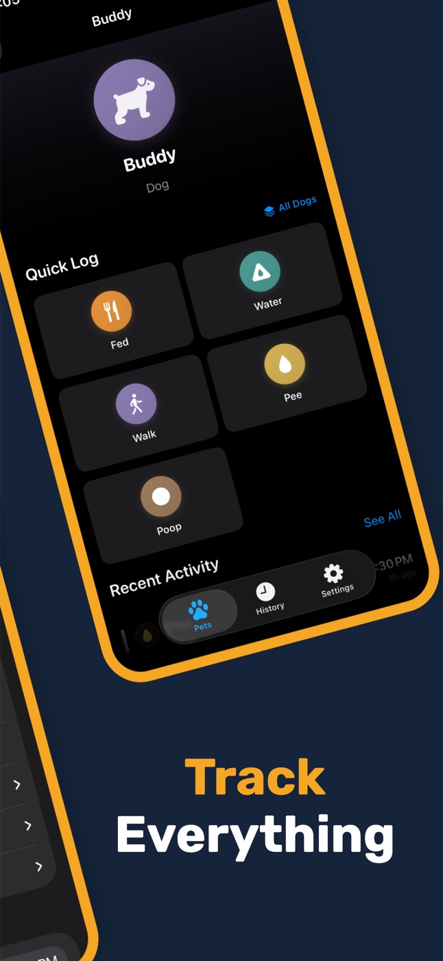 Track everything: each pet's quick log and recent activity