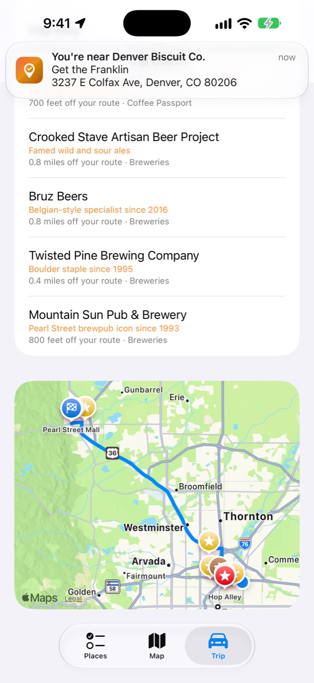 A nearby alert: You're near Denver Biscuit Co., over Trip Check