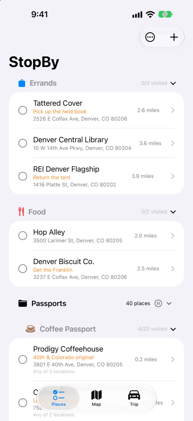 Places list with colored categories and a Passports folder