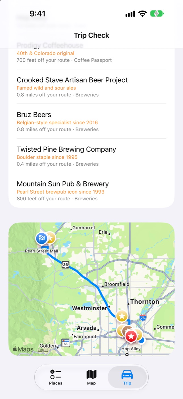 Trip Check stops and the route map