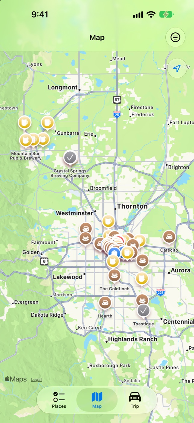 Map of saved places, pins colored by category
